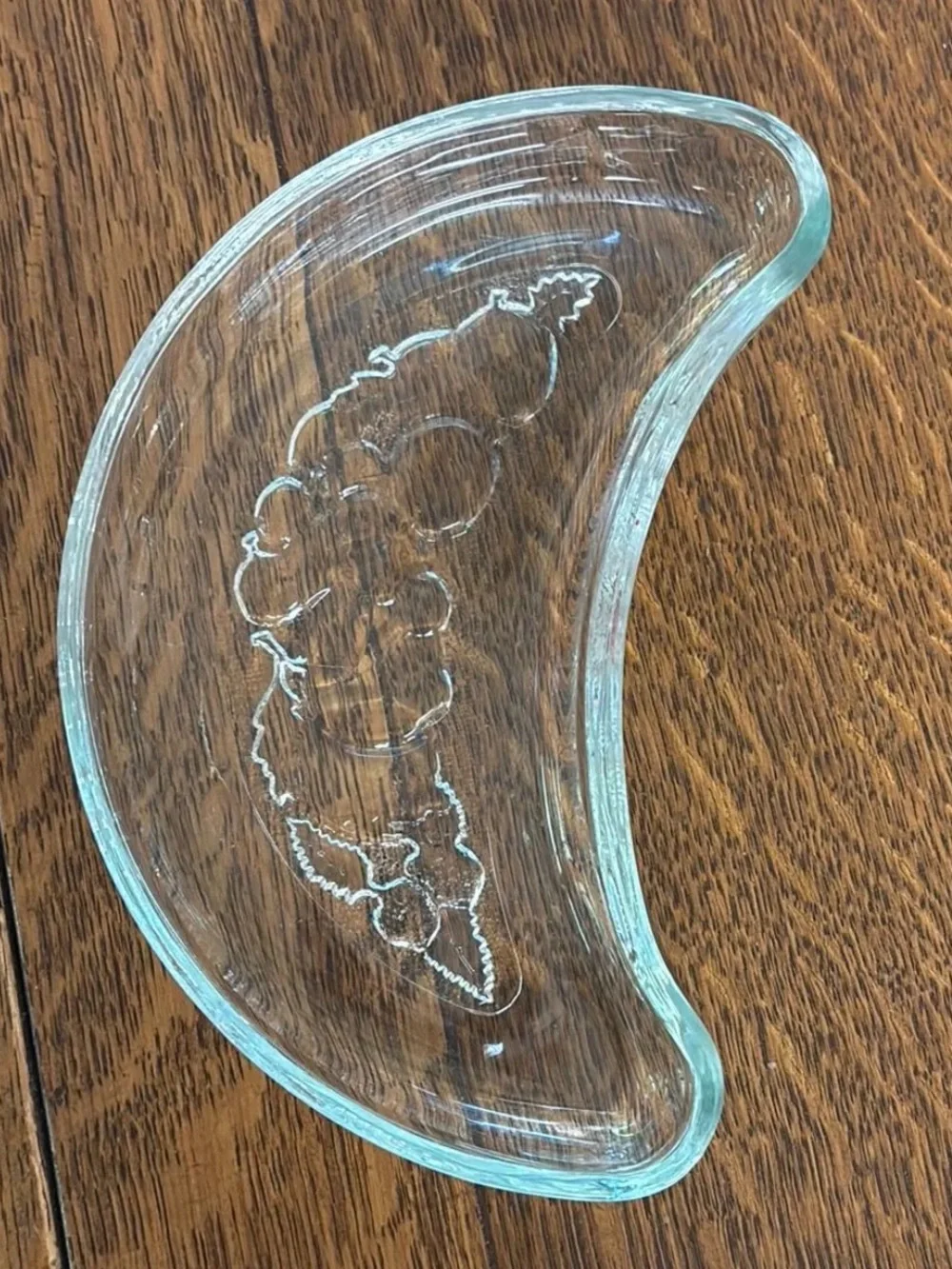 Vintage clear crescent shaped glass side or bone dishe with fruit design